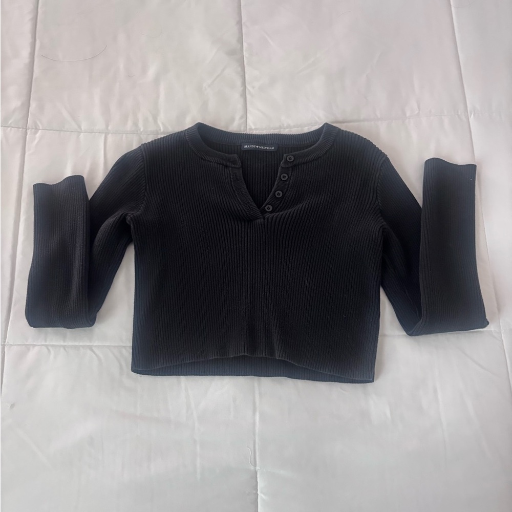 Black Ribbed Henley Top